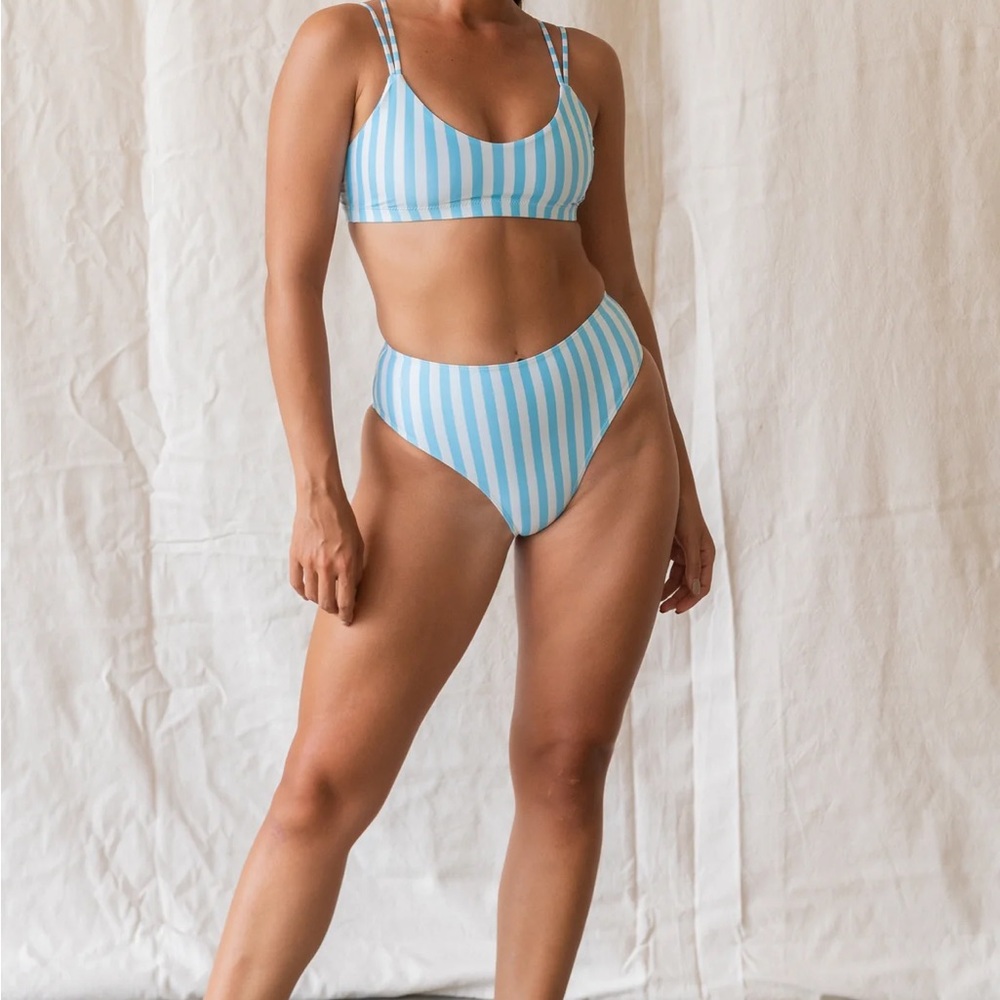 Blue and White Striped High-Waisted Bikini - September the Line